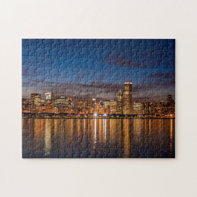 Chicago Skyline At Night Jigsaw Puzzle (Horizontal)