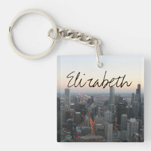 Chicago Skyline at Sunset with a Name Key Ring