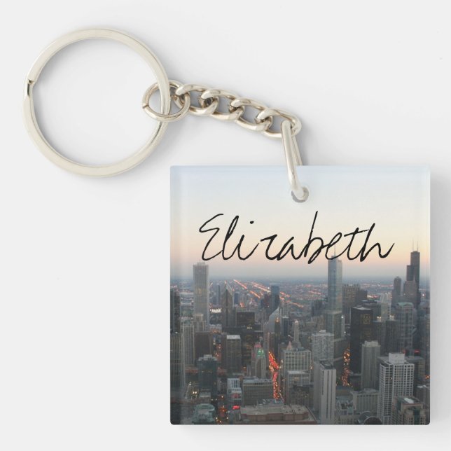 Chicago Skyline at Sunset with a Name Key Ring (Front)