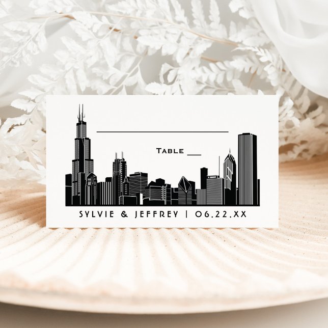 Chicago Skyline Black Art Deco Wedding Monogram Place Card (Creator Uploaded)