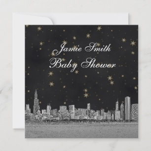 Chicago Skyline Black Gold Star Baby Shower Invitation