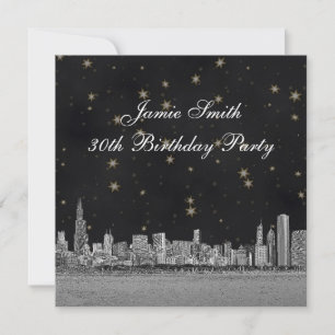Chicago Skyline Black Gold Star Birthday Party Invitation