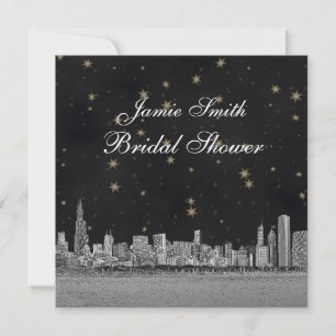 Chicago Skyline Black Gold Star Bridal Shower Invitation
