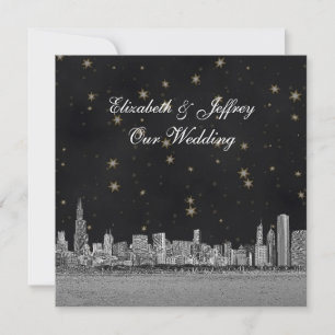 Chicago Skyline Black Gold Star SQ Wedding Invitation