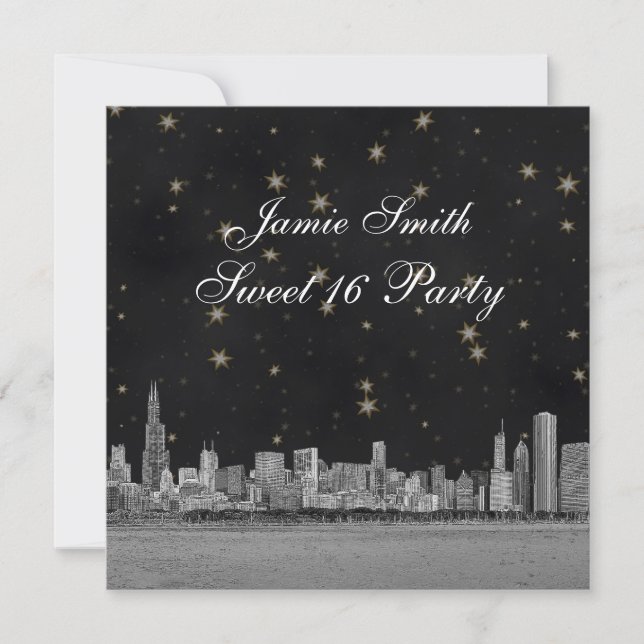 Chicago Skyline Black Gold Star Sweet 16 Invitation (Front)