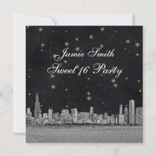 Chicago Skyline Black Gold Star Sweet 16 Invitation