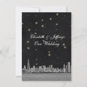 Chicago Skyline Black Gold Star V Wedding Invitation