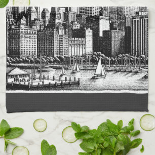 Chicago Skyline Black White Tea Towel