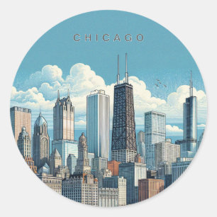 Chicago Skyline Blue Modern Classic Round Sticker