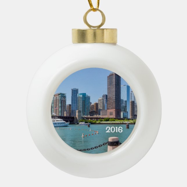 Chicago Skyline Ceramic Ball Christmas Ornament (Front)