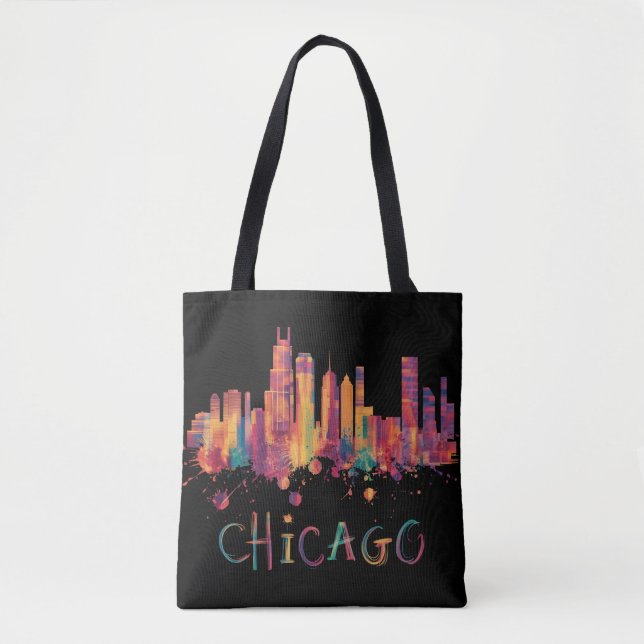 Chicago Skyline Cityscape Watercolor Chicago Flag  Tote Bag (Front)
