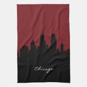 Chicago Skyline   Dark Red Tea Towel