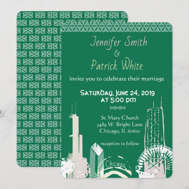 Chicago Skyline emerald  lace elegant Invitation (Front/Back)