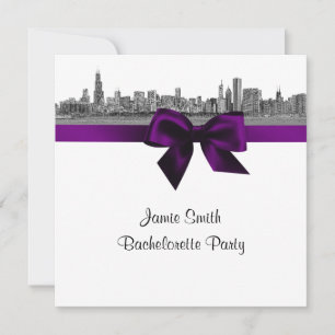 Chicago Skyline Etch BW Purple SQ Bachelorette Invitation