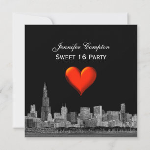 Chicago Skyline Etch DIY BG Red Heart SQ Sweet 16 Invitation