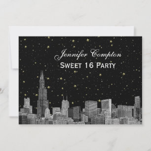 Chicago Skyline Etch Starry DIY BG SQ Sweet 16 H Invitation