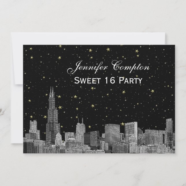 Chicago Skyline Etch Starry DIY BG SQ Sweet 16 H Invitation (Front)