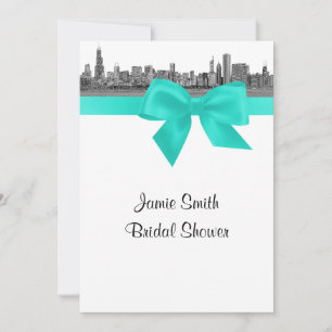 Chicago Skyline Etched BW Aqua Bridal Shower S Invitation
