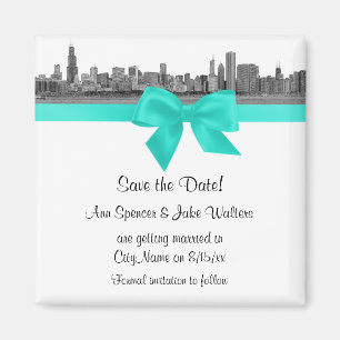 Chicago Skyline Etched BW Aqua Save the Date Magnet