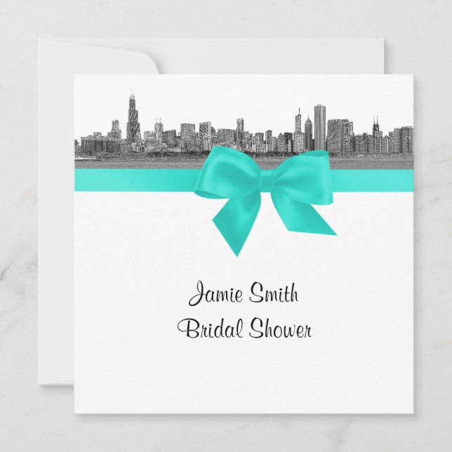 Chicago Skyline Etched BW Aqua SQ Bridal Shower Invitation (Front)