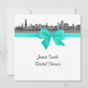Chicago Skyline Etched BW Aqua SQ Bridal Shower S Invitation