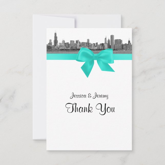 Chicago Skyline Etched BW Aqua Thank You (Front)