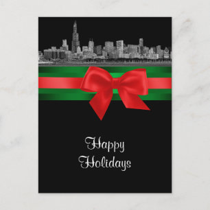 Chicago Skyline Etched BW Christmas Holiday 2 Postcard