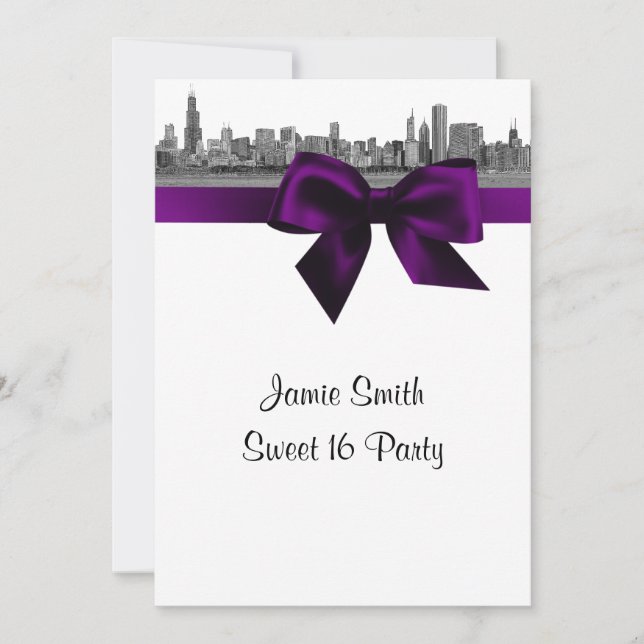 Chicago Skyline Etched BW Purple Sweet 16 Invitation (Front)
