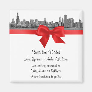 Chicago Skyline Etched BW Red Save the Date Magnet