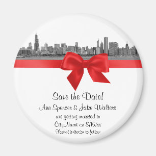 Chicago Skyline Etched BW Red Save the Date R Magnet