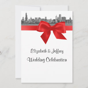 Chicago Skyline Etched BW Red Wedding Invitation