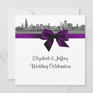 Chicago Skyline Etched BW SQ Purple Wedding Invitation