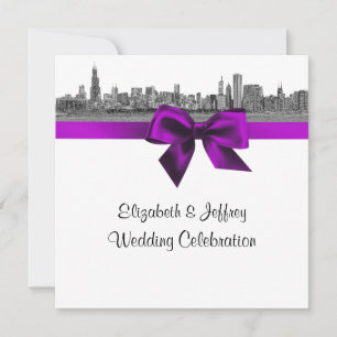 Chicago Skyline Etched BW SQ Violet Wedding Invitation