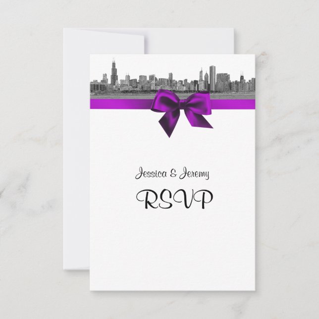 Chicago Skyline Etched BW Violet RSVP Menu (Front)