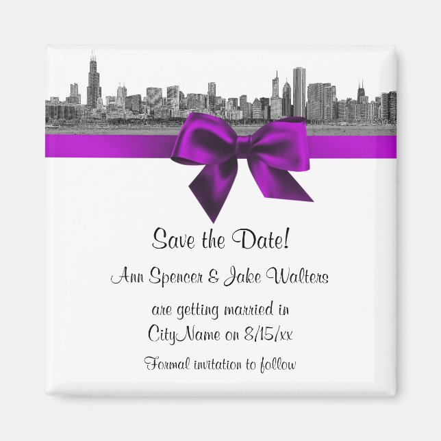 Chicago Skyline Etched BW Violet Save the Date Magnet (Front)