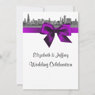Chicago Skyline Etched BW Violet Wedding Invitation