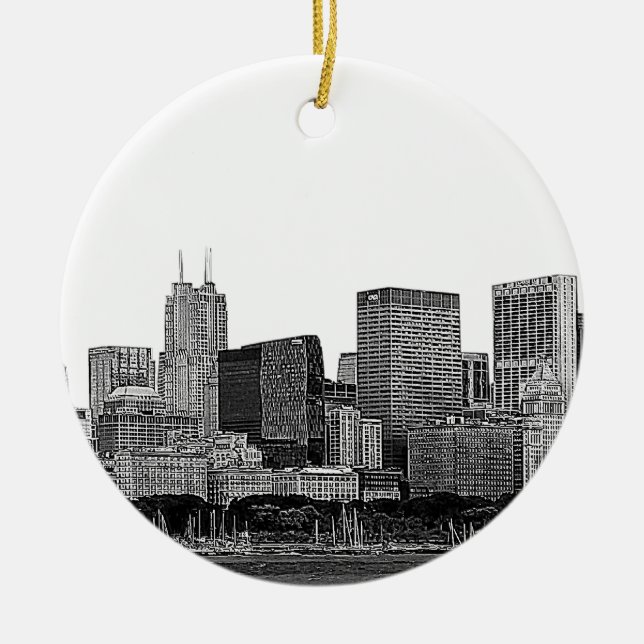 Chicago Skyline Etched Ceramic Tree Decoration (Front)