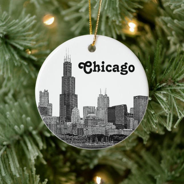 Chicago Skyline Etched Ceramic Tree Decoration (Tree)