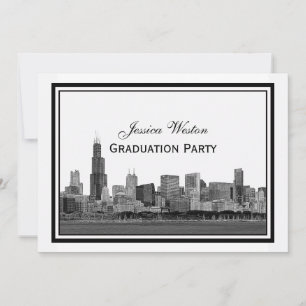 Chicago Skyline Etched Framed H Graduation Invitation