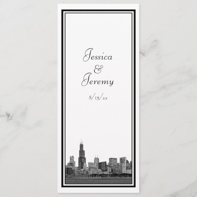 Chicago Skyline Etched Framed Wedding Program Menu (Front)