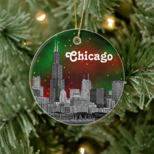 Chicago Skyline Etched, Green Red Starry Sky Xmas Ceramic Ornament
