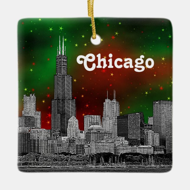 Chicago Skyline Etched, Green Red Starry Sky Xmas Ceramic Tree Decoration (Front)
