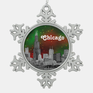 Chicago Skyline Etched, Green Red Starry Sky Xmas Snowflake Pewter Christmas Ornament