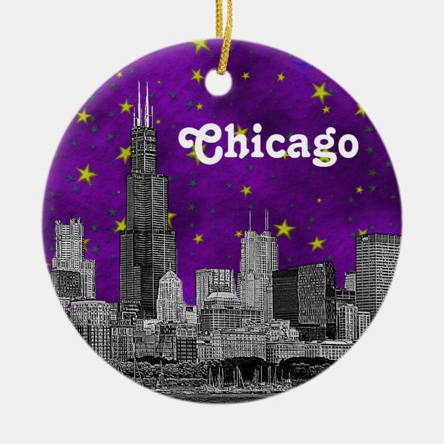 Chicago Skyline Etched, Purple Starry Sky Ceramic Ornament (Front)