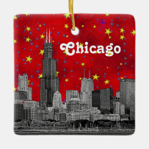 Chicago Skyline Etched, Red Starry Sky Ceramic Ornament