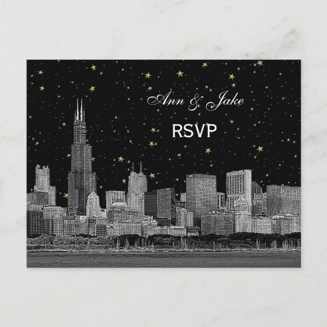 Chicago Skyline Etched Starry DIY BG RSVP 1 Invitation Postcard (Front)