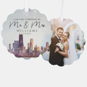 Chicago Skyline First Christmas As Mr & Mrs Photo Tree Decoration Card
