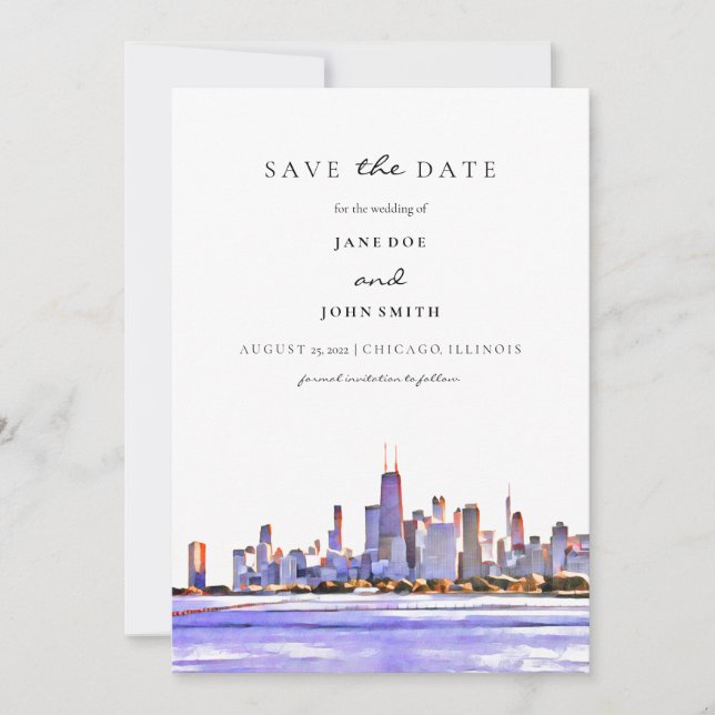 Chicago Skyline flat Save The Date Card (Front)