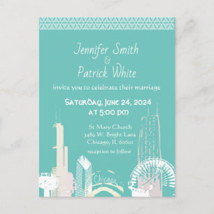 Chicago Skyline green and pastel  wedding Invitati Invitation Postcard
