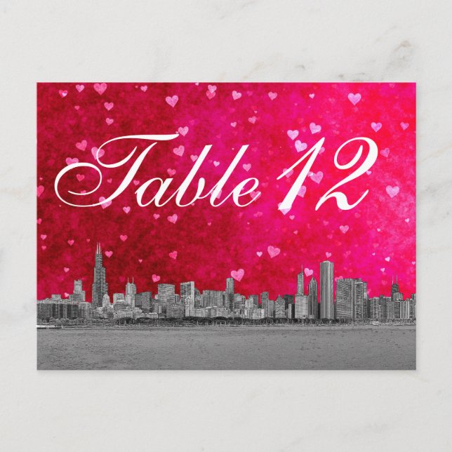 Chicago Skyline Hot Pink Red Heart Table Number Postcard (Front)